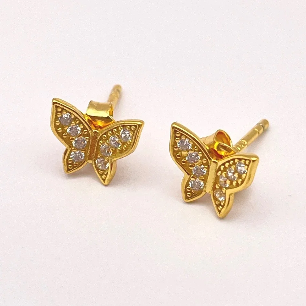 Sterling Tiny Sparkling Butterfly Post Earrings Gold‎ Wash Crystal Encrusted